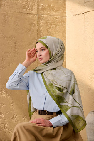Polyester Velina Shawl, Green-Gray Patterned, Shiny Textured, Lightweight, 190x70 cm