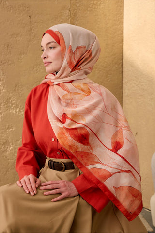 Polyester Velina Shawl, Bright Orange-Cream Patterned, Shiny Textured, Lightweight, 190x70 cm