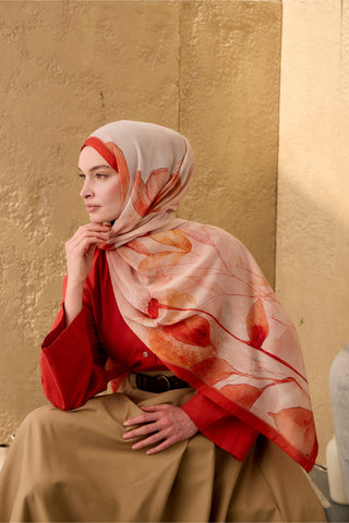 Polyester Velina Shawl, Bright Orange-Cream Patterned, Shiny Textured, Lightweight, 190x70 cm