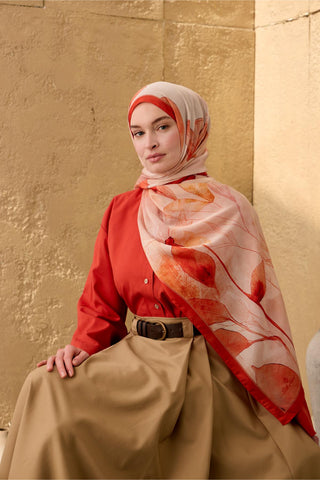 Polyester Velina Şal Parlak Turuncu-Krem Desenli Parlak Dokulu Hafif 190X70