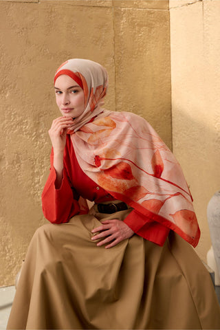 Polyester Velina Şal Parlak Turuncu-Krem Desenli Parlak Dokulu Hafif 190X70