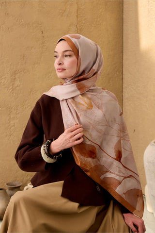 Polyester Velina Şal Karamel-Kiremit-Turuncu Desenli Parlak Dokulu Hafif 190X70