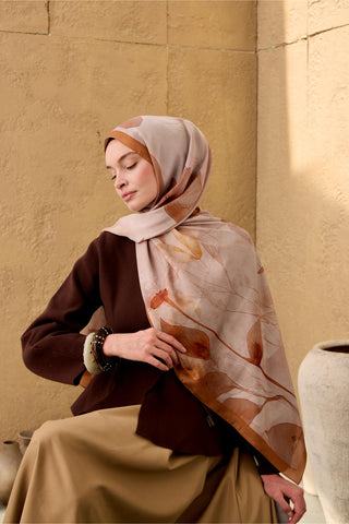 Polyester Velina Şal Karamel-Kiremit-Turuncu Desenli Parlak Dokulu Hafif 190X70