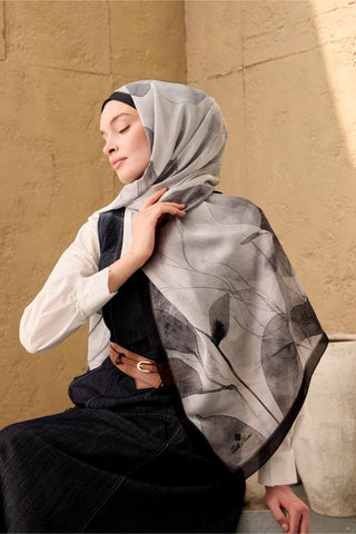 Polyester Velina Şal Siyah-Gri-Gümüş Desenli Parlak Dokulu Hafif 190X70