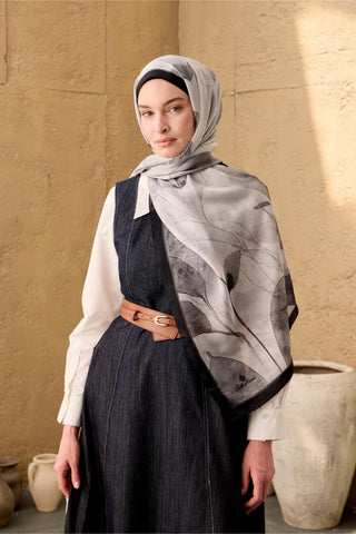 Polyester Velina Şal Siyah-Gri-Gümüş Desenli Parlak Dokulu Hafif 190X70