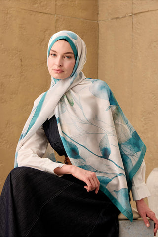 Polyester Velina Shawl, Turquoise-White Patterned, Shiny Textured, Lightweight, 190x70 cm