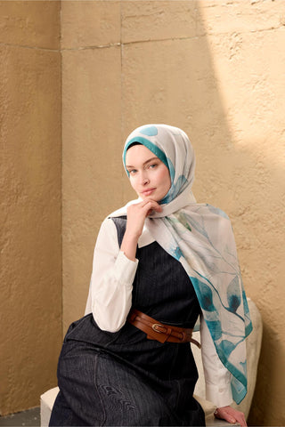 Polyester Velina Shawl, Turquoise-White Patterned, Shiny Textured, Lightweight, 190x70 cm