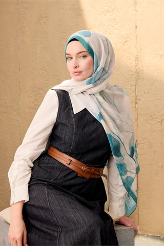 Polyester Velina Shawl, Turquoise-White Patterned, Shiny Textured, Lightweight, 190x70 cm