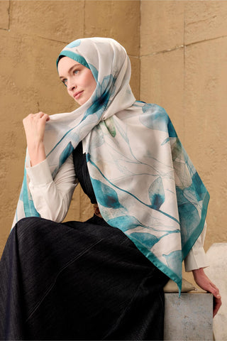 Polyester Velina Shawl, Turquoise-White Patterned, Shiny Textured, Lightweight, 190x70 cm