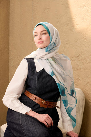 Polyester Velina Shawl, Turquoise-White Patterned, Shiny Textured, Lightweight, 190x70 cm
