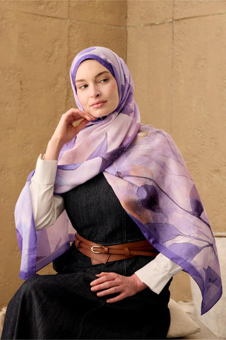 Polyester Velina Şal Mor-Pudra-Lila Desenli Parlak Dokulu Hafif 190X70