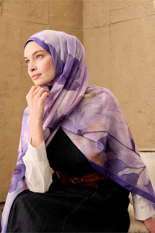 Polyester Velina Şal Mor-Pudra-Lila Desenli Parlak Dokulu Hafif 190X70