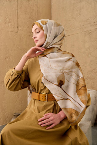 Polyester Velina Şal Kehribar-Gümüş-Gri Desenli Parlak Dokulu Hafif 190X70