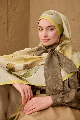 Polyester Velina Scarf, Lemon-Cream Green, Orange, Khaki, Yellow Patterned, Silky Textured.
 Lightweight 70x190