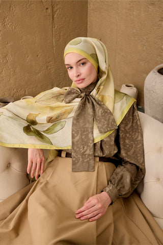 Polyester Velina Şal Limon-Krem Yeşil Turuncu Haki Sarı Desenli İpeksi Dokulu
                Hafif Yapılı 70X190