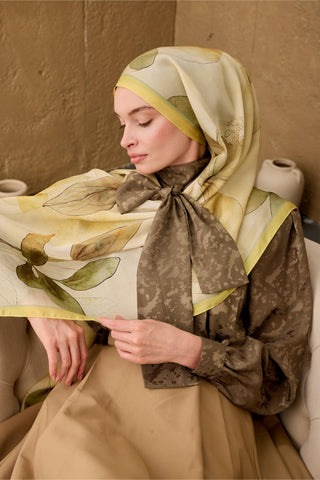 Polyester Velina Şal Limon-Krem Yeşil Turuncu Haki Sarı Desenli İpeksi Dokulu
                Hafif Yapılı 70X190
