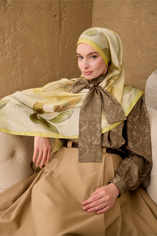 Polyester Velina Şal Limon-Krem Yeşil Turuncu Haki Sarı Desenli İpeksi Dokulu
                Hafif Yapılı 70X190