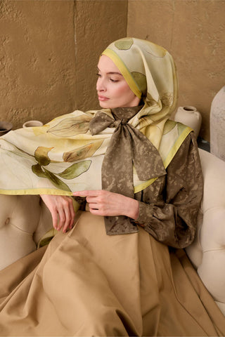 Polyester Velina Şal Limon-Krem Yeşil Turuncu Haki Sarı Desenli İpeksi Dokulu
                Hafif Yapılı 70X190