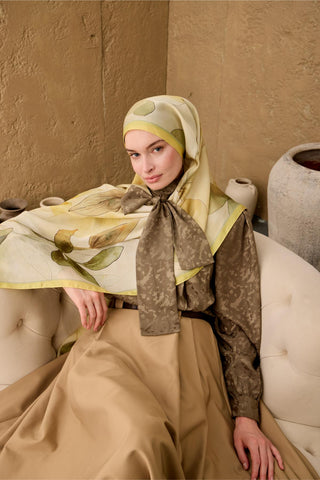 Polyester Velina Şal Limon-Krem Yeşil Turuncu Haki Sarı Desenli İpeksi Dokulu
                Hafif Yapılı 70X190