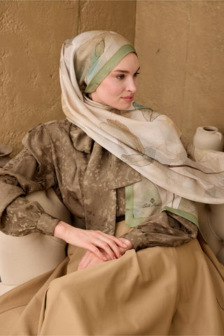 Polyester Velina Şal Pastel Yeşil Haki Kahve Turuncu Mavi Desenli İpeksi Dokulu
                Hafif Yapılı 70X190