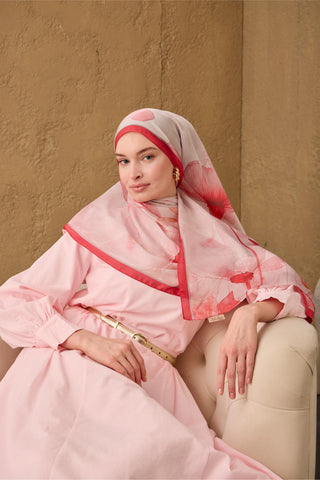Polyester Velina Scarf, Fuchsia-Dusty Pink, Grey Powder Pattern, Silky Texture, Lightweight.
 Built 70X190