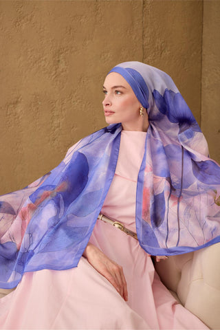 Polyester Velina Şal Mavi-Lila Lila Yeşil Pembe Desenli İpeksi Dokulu Hafif Yapılı 70X190 - Velina Şal - | Silk Home