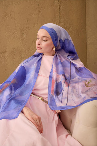 Polyester Velina Şal Mavi-Lila Lila Yeşil Pembe Desenli İpeksi Dokulu Hafif
                Yapılı 70X190