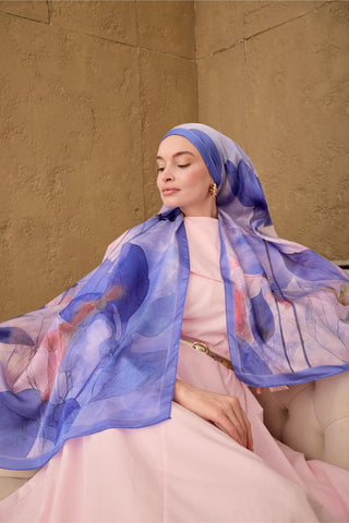Polyester Velina Şal Mavi-Lila Lila Yeşil Pembe Desenli İpeksi Dokulu Hafif
                Yapılı 70X190