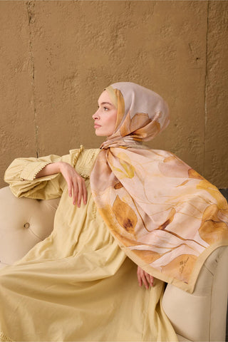 Polyester Velina Scarf in Beige-Tan, Powder Pink, Green, and Yellow Patterns, Silky Texture
 Lightweight 70x190