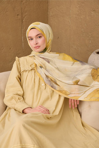 Polyester Velina Scarf in Yellow-Cream, Grey, Purple, and Green Patterns, Silky Texture, Lightweight.
 70X190