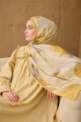 Polyester Velina Scarf in Yellow-Cream, Grey, Purple, and Green Patterns, Silky Texture, Lightweight.
 70X190