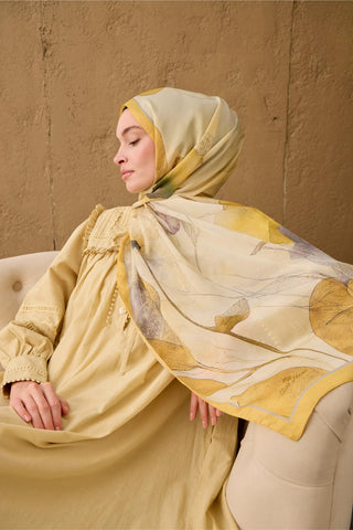 Polyester Velina Scarf in Yellow-Cream, Grey, Purple, and Green Patterns, Silky Texture, Lightweight.
 70X190