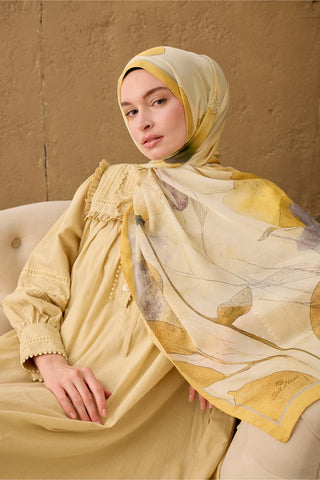 Polyester Velina Scarf in Yellow-Cream, Grey, Purple, and Green Patterns, Silky Texture, Lightweight.
 70X190