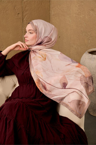 Polyester Velina Şal Pudra-Vizon Turuncu Mor Desenli İpeksi Dokulu Hafif Yapılı
                70X190