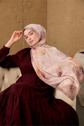 Polyester Velina Şal Pudra-Vizon Turuncu Mor Desenli İpeksi Dokulu Hafif Yapılı
                70X190