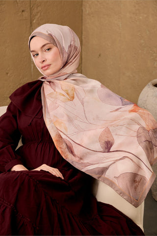 Polyester Velina Şal Pudra-Vizon Turuncu Mor Desenli İpeksi Dokulu Hafif Yapılı
                70X190