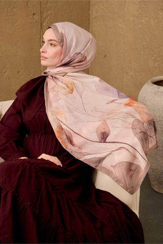 Polyester Velina Şal Pudra-Vizon Turuncu Mor Desenli İpeksi Dokulu Hafif Yapılı
                70X190