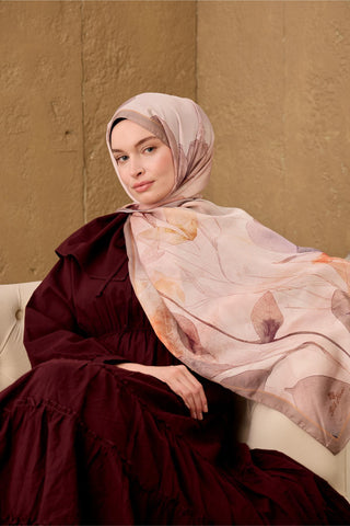 Polyester Velina Şal Pudra-Vizon Turuncu Mor Desenli İpeksi Dokulu Hafif Yapılı
                70X190