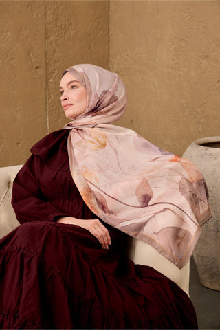 Polyester Velina Şal Pudra-Vizon Turuncu Mor Desenli İpeksi Dokulu Hafif Yapılı
                70X190
