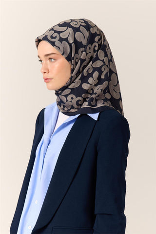 Viscose Blend Velora Scarf, Navy Blue-Silver Pattern, Soft Texture, Firm Structure, 90x90 cm.
