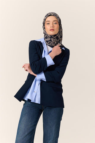 Viscose Blend Velora Scarf, Navy Blue-Silver Pattern, Soft Texture, Firm Structure, 90x90 cm.
