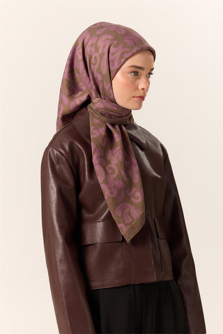 Velora Viscose Blend Scarf, Olive-Purple Pattern, Soft Texture, Firm Structure, 90x90 cm.