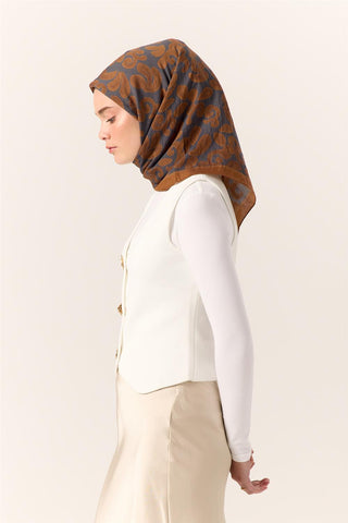 Velora Viscose Blend Scarf, Tan-Midnight Patterned, Fine Textured, Drapey, 90x90 cm