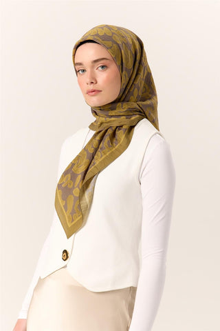 Viscose Blend Velora Scarf, Green-Gray-Olive Green Patterned, Fine Textured, Drapey, 90x90 cm.