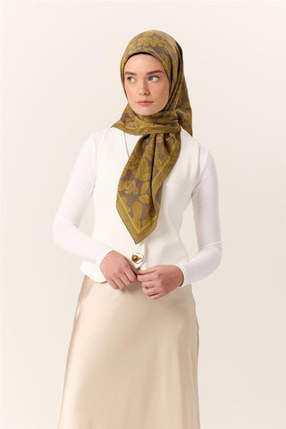 Viscose Blend Velora Scarf, Green-Gray-Olive Green Patterned, Fine Textured, Drapey, 90x90 cm.
