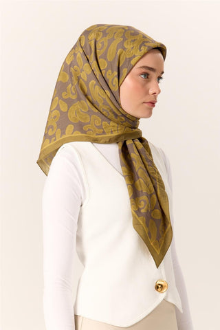 Viscose Blend Velora Scarf, Green-Gray-Olive Green Patterned, Fine Textured, Drapey, 90x90 cm.