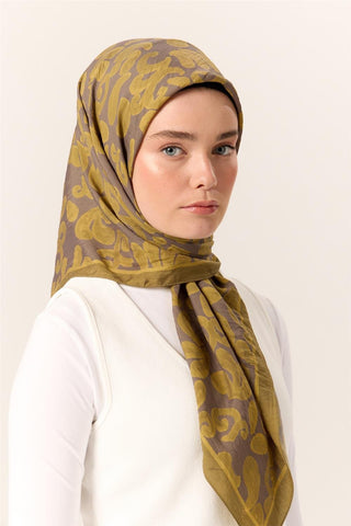 Viscose Blend Velora Scarf, Green-Gray-Olive Green Patterned, Fine Textured, Drapey, 90x90 cm.