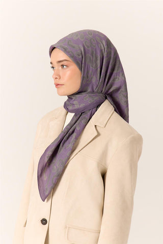 Viscose Blend Velora Scarf, Purple-Green-Gray Patterned, Fine Textured, Drapey, 90x90 cm.