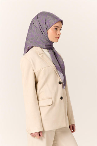 Viscose Blend Velora Scarf, Purple-Green-Gray Patterned, Fine Textured, Drapey, 90x90 cm.