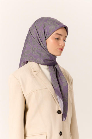 Viscose Blend Velora Scarf, Purple-Green-Gray Patterned, Fine Textured, Drapey, 90x90 cm.
